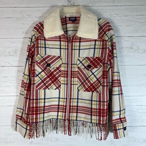 Chaps Jacket Women's L Red Cream Plaid Wool Blend Fringe Detail Sherpa Style